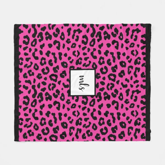 Modischer Pink-Leopard-Tierdruck-Monogramm Fleecedecke (Vorderseite (Horizontal))