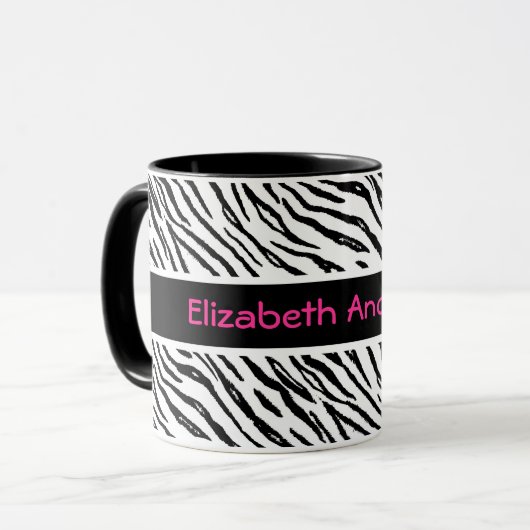 Modischer Schwarzweiss-Tiger Stripes rosa Namen Tasse (Vorderseite Links)
