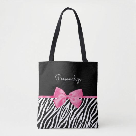 Modischer Zebra-Druck-schicker Pink-Bogen und Name Tasche (Vorderseite)