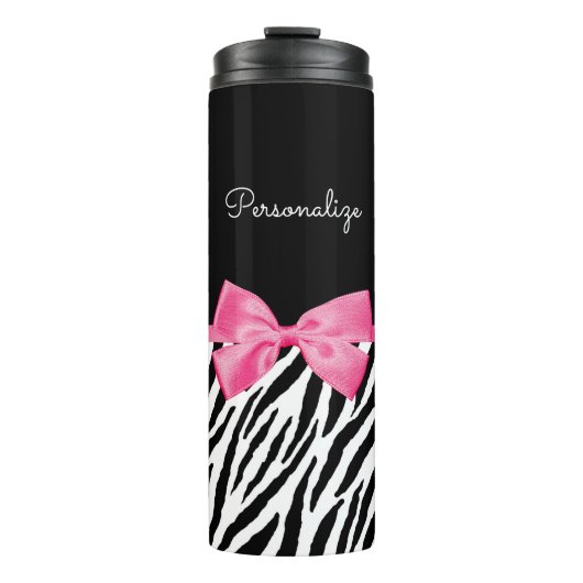 Modischer Zebra-Druck-schicker Pink-Bogen und Name Thermosbecher (Vorderseite)