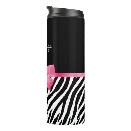 Modischer Zebra-Druck-schicker Pink-Bogen und Name Thermosbecher (Nach rechts gedreht)
