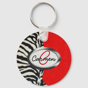 Modischer Zebra-Druck und rotes Neonmonogramm Schlüsselanhänger
