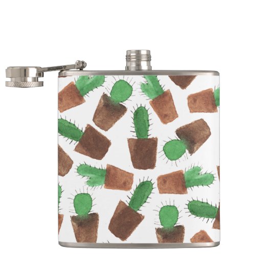 Modisches grünes braunes Aquarellkaktusmuster Flachmann (Geöffnet)