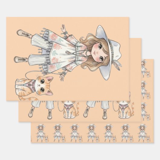 Modisches Mädchen, das mit ihrer Katze spazieren g Geschenkpapier Set (Set)