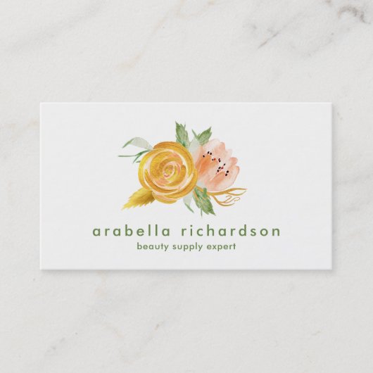 Modisches Pfirsich-und GoldAquarell mit Blumen Visitenkarte (Vorderseite)