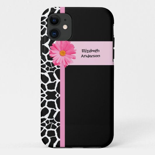 Modisches Schwarzweiss-Giraffen-Rosa-Gänseblümchen Case-Mate iPhone Hülle (Rückseite)