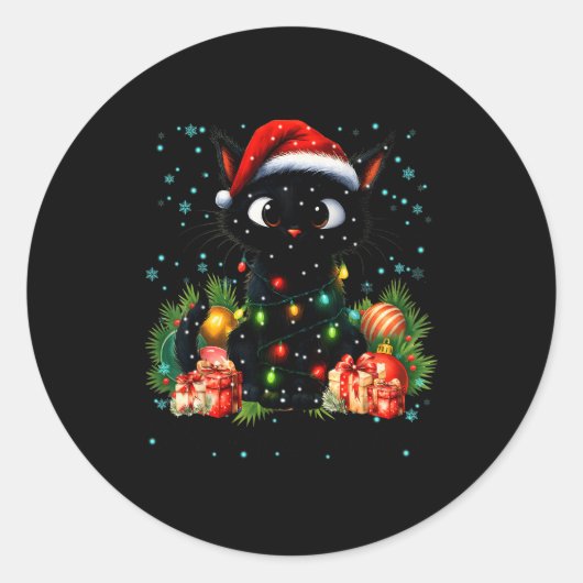 Moewy Christmas Black Cute Cat Santa Hat Xmas Wome Runder Aufkleber (Vorderseite)