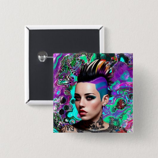 Mohawk Punk Girl Abstrakt Art Button (Vorne & Hinten)