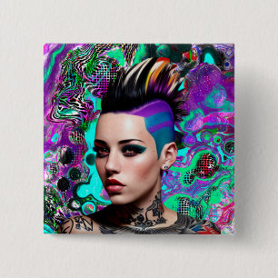 Mohawk Punk Girl Abstrakt Art Button