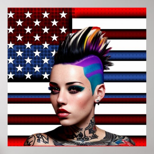 Mohawk Punk Girl mit amerikanischer Flagge Poster (Vorne)