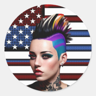 Mohawk Punk Girl mit amerikanischer Flagge Runder Aufkleber