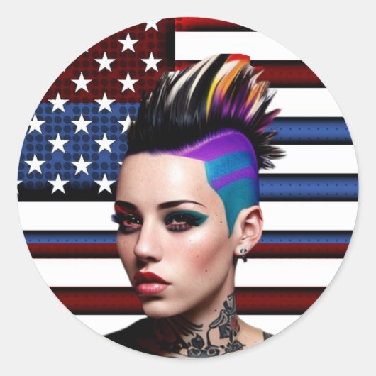 Mohawk Punk Girl mit amerikanischer Flagge Runder Aufkleber (Vorderseite)