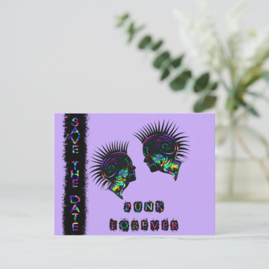 Mohawk Save the Date Postcard Punk Rock Hochzeit Ankündigungspostkarte (Stehend Vorderseite)