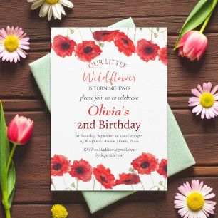 Mohn 2. zweiter Geburtstag Mädchen Rot floral Einladung