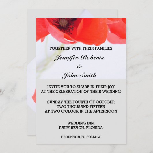 Mohn-Blume Blumenrot Weiße Grau Trendy Hochzeit Einladung (Vorne/Hinten)