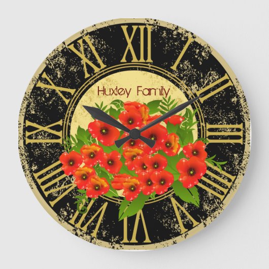 Mohn Blume Vintage Wandklemme Große Wanduhr (Vorderseite)