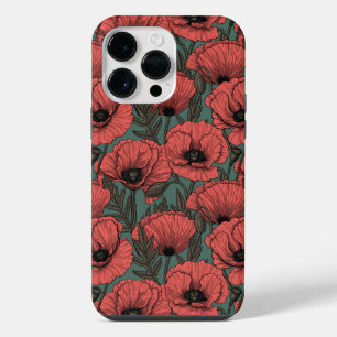 Mohn Garten in Korallenrot, Braun und Tannengrün iPhone 14 Pro Max Hülle