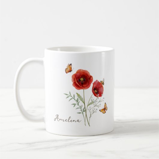 Mohn Geburtsmonatsblume Kaffeetasse (Links)