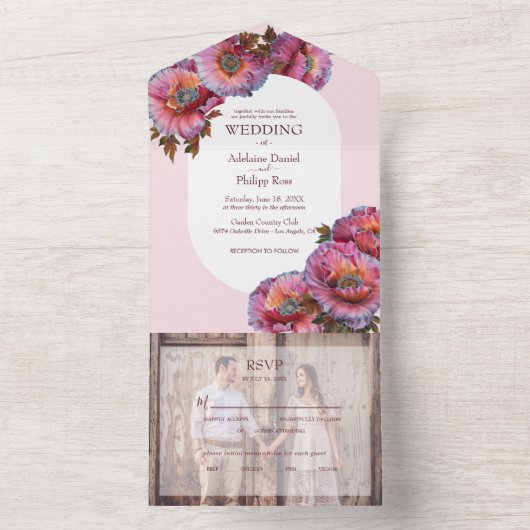 Mohn in Bloom | Hochzeit mit elegantem Foto All In One Einladung (Innen Boden)