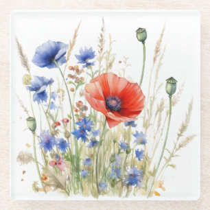 Mohn & Kornblumen: Aquarell-Wiese rustikal Glasuntersetzer