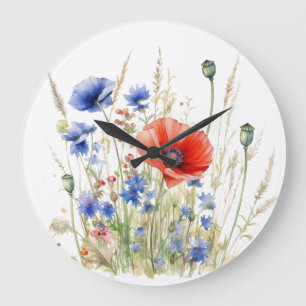 Mohn & Kornblumen: Aquarell-Wiese rustikal Große Wanduhr