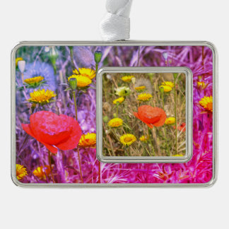 Mohn und gelbe Gänseblümchen Rahmen-Ornament Silber