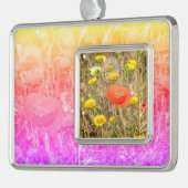 Mohn und gelbe Gänseblümchen Rahmen-Ornament Silber (Links)