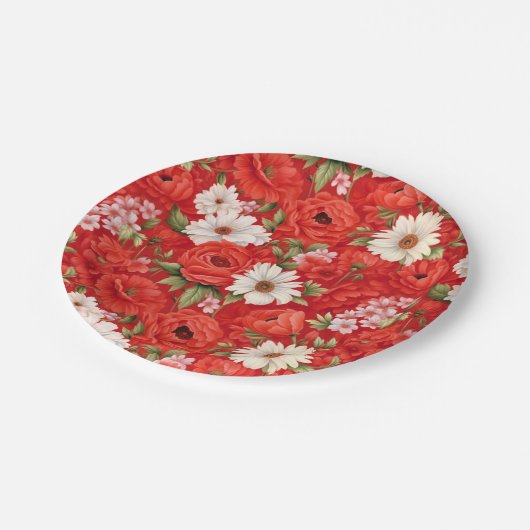 Mohn und Kamillenrot-weiße Blume Pappteller (Schrägansicht)