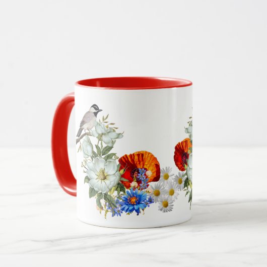 Mohn und Vogel Tasse (Vorderseite Links)