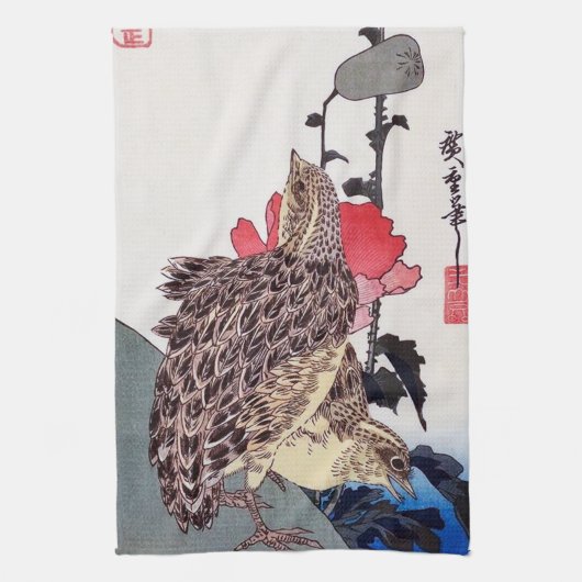 Mohn und Wachteln, Hiroshige, Ukiyo-e Geschirrtuch (Vertikal)