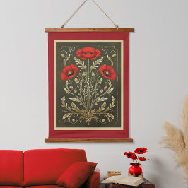Mohn Vintage Gold Rot Art Nouveau Wandteppich Mit Holzrahmen