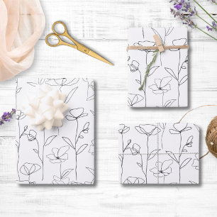 Mohn-Wildblume Schwarz-Weiß Minimalistisches Flora Geschenkpapier Set