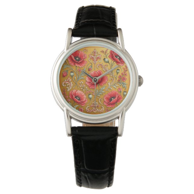 Mohnblume fleur goldenes Design Armbanduhr (Vorderseite)