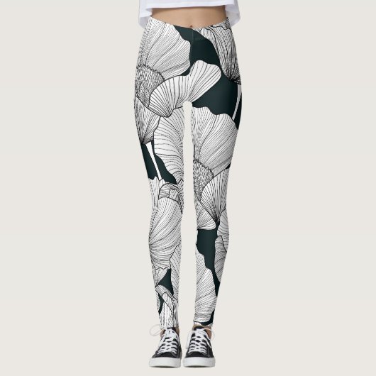 Mohnblume, Schwarz-weiße Blume. Leggings (Vorderseite)