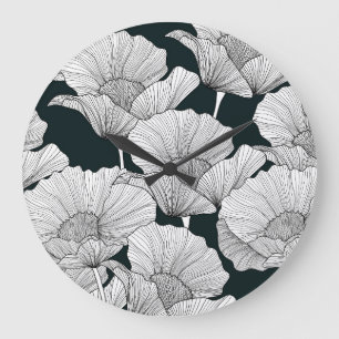 Mohnblume, schwarze weiße Linie. Große Wanduhr