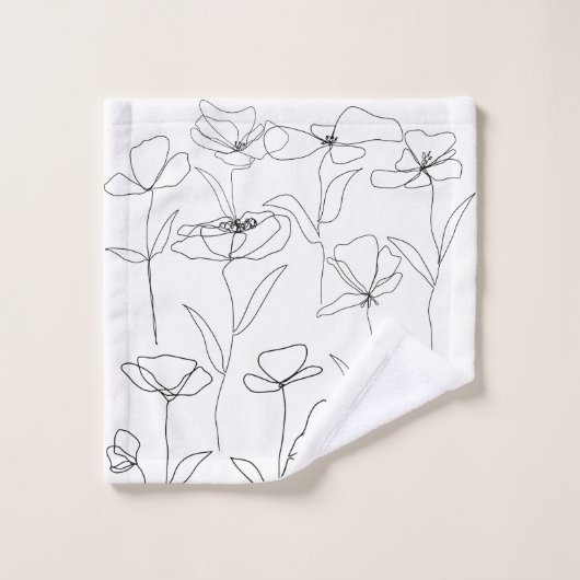 Mohnblume Wildblume Schwarz-Weiß-Minimal-Blüte Badhandtuch Set (Waschlappen)