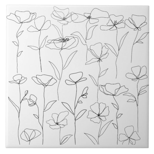 Mohnblume Wildblume Schwarz-Weiß-Minimal-Blüte Fliese (Vorderseite)