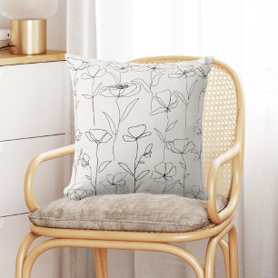 Mohnblume Wildblume Schwarz-Weiß-Minimal-Blüte Kissen