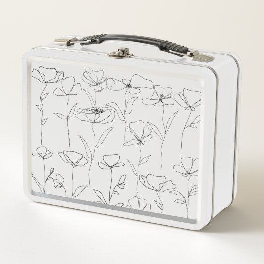 Mohnblume Wildblume Schwarz-Weiß-Minimal-Blüte Metall Brotdose (Vorderseite)