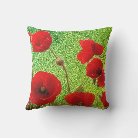 Mohnblumen Blume Roter grüner Glitzer Künstlerisch Kissen (Rückseite)