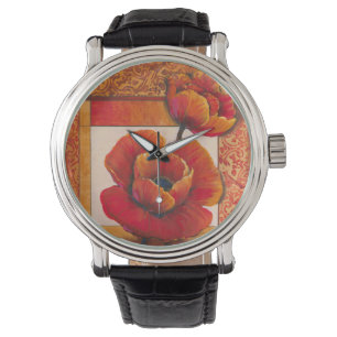 Mohnblumen-Blumen auf TAN und orange Hintergrund Armbanduhr