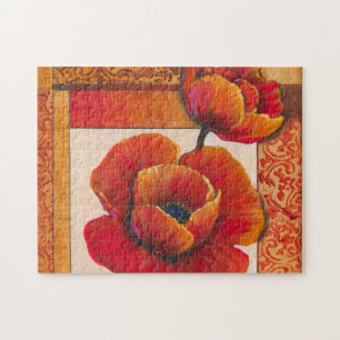 Mohnblumen-Blumen auf TAN und orange Hintergrund Puzzle