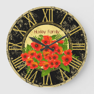 Mohnblumen-Blumen-Vintage Wand-Uhr Große Wanduhr