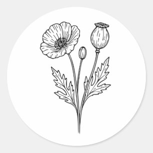 Mohnblumen-Botanik-Blüten-Linienkunst Runder Aufkleber