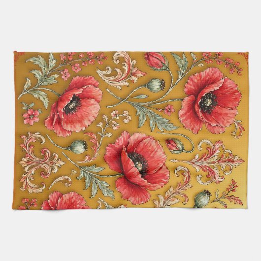 Mohnblumen-fleur goldenes Design Geschirrtuch (Horizontal)