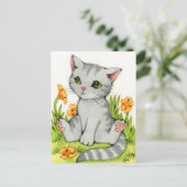 Mohnblumen-Garten - niedliche Katzen-Kunst Postkarte (Stehend Vorderseite)