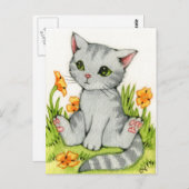 Mohnblumen-Garten - niedliche Katzen-Kunst Postkarte (Vorne/Hinten)