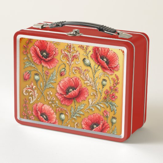 Mohnblumen goldenes Design  Metall Brotdose (Vorderseite)