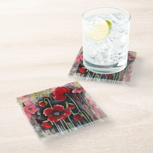 Mohnblumen in Aquarellen Glasuntersetzer (Schrägansicht)