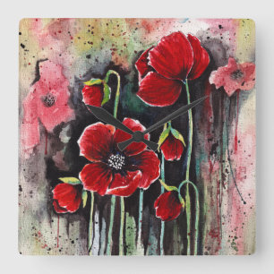 Mohnblumen in Aquarellen Quadratische Wanduhr